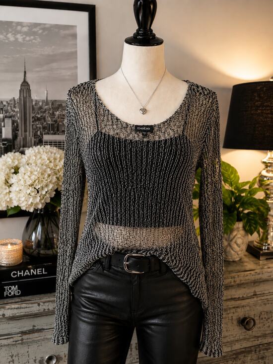 Bebe Tops - bebe Womens L Sheer Open Knit Sweater Black White Y2K Long Sleeve Going Out Top